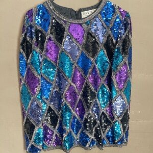 Black Tie Vintage 80’s Silk Sequin Harlequin Top
